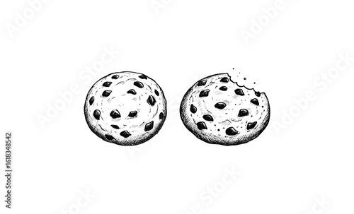 Illustration of chocolate chip cookies with one cookie partially eaten. Vector retro hand drawn illustration