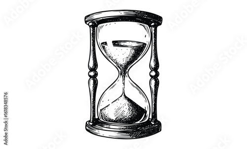 Vintage sand-filled hourglass sketch with detailed carved frame. Vector retro hand drawn illustration