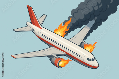 Detailed Isometric Airplane Crash Illustration – RGB Vector Art of Falling Aircraft with Engines on Fire