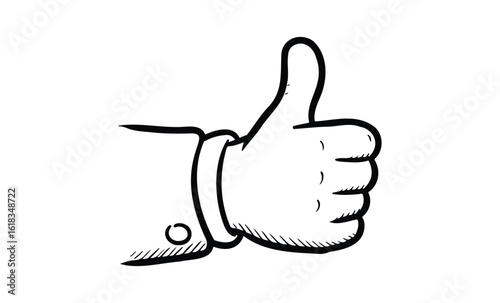 Illustration of a thumbs-up hand gesture in black and white drawing style. Vector retro hand drawn illustration