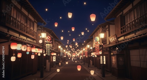 Street in japan during night, lined with traditional buildings and illuminated with paper lanterns and floating lanterns to celebrate Tanabata festival  paper, floating, night, street, traditional, bu