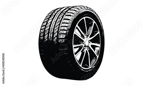 Detailed black and white illustration of a car tire with tread pattern. Vector retro hand drawn illustration