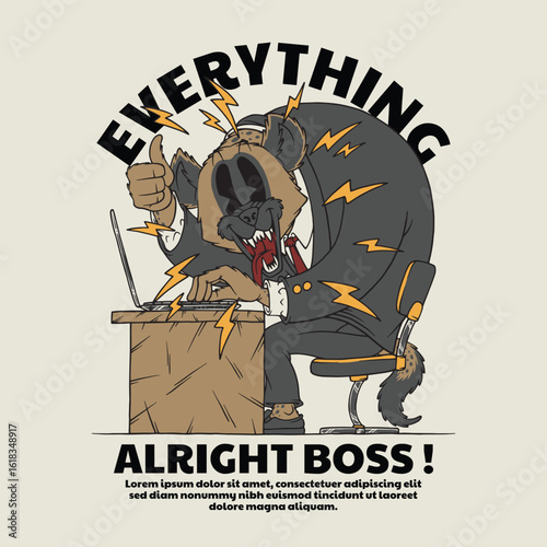 Retro Cartoon Hyena Mascot Working on a Laptop at a Desk