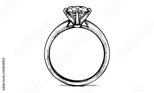 Elegant engagement ring with diamond solitaire minimalist design. Vector retro hand drawn illustration