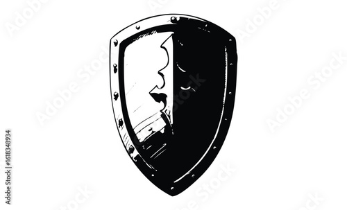 Black and white medieval shield emblem with rivets and stylized design. Vector retro hand drawn illustration
