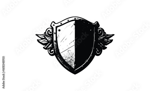 Vintage heraldic shield with wings and intricate design on white background. Vector retro hand drawn illustration