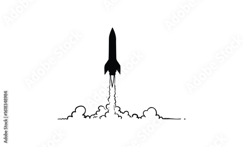 Silhouette of a rocket launching into the sky with smoke trail. Vector retro hand drawn illustration