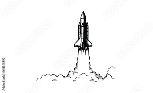 Hand-drawn rocket launch sketch with detailed clouds and smoke trail. Vector retro hand drawn illustration