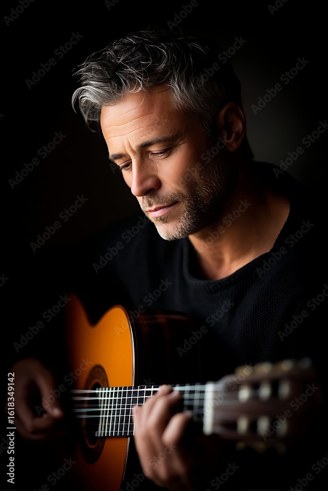 Obraz premium Skilled Musician Plays Classical Guitar With Passionate Intensity and Focused Expression