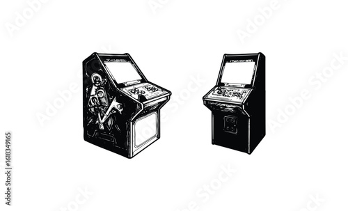Vintage arcade machines with classic designs in black and white illustration. Vector retro hand drawn illustration