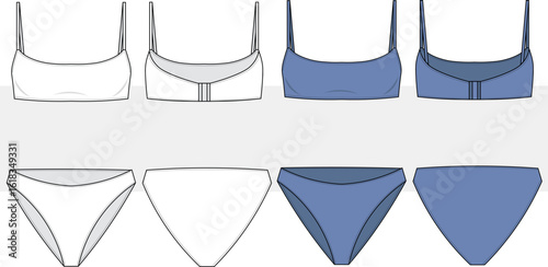 Two Piece Bikini, Swimsuit, Beachwear set fashion technical drawing, illustration. Front and back view, vector. CAD, mockup set.