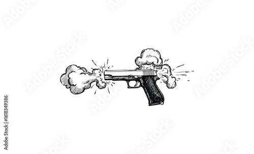 Hand-drawn sketch of a smoking pistol with explosive clouds. Vector retro hand drawn illustration