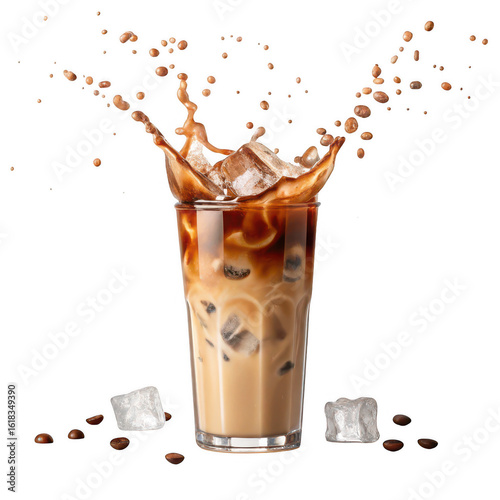 Dynamic iced coffee splash with ice cubes and coffee beans isolated on transparent background