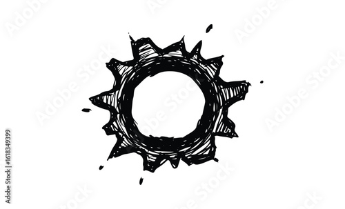 Hand-drawn circular gear design with jagged edges and ink splatters. Vector retro hand drawn illustration
