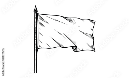 Hand-drawn blank flag on pole sketch in black and white. Vector retro hand drawn illustration