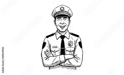 Smiling male police officer drawing in uniform and hat. Vector retro hand drawn illustration