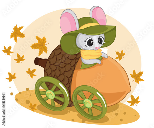 autumn mouse on a scooter.Children's illustration of a mouse with scarf on a walnuts car.
