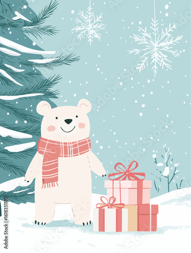 Holiday-themed poster with a sweet bear and gift stack near a snowy pine, great for seasonal printables, Christmas packaging, and nursery walls