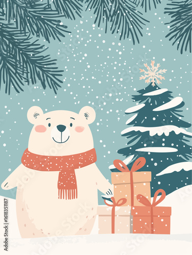 Warm winter illustration with a bear in a scarf standing beside holiday gifts and pine tree, great for festive greeting cards, nursery walls, and Christmas packaging