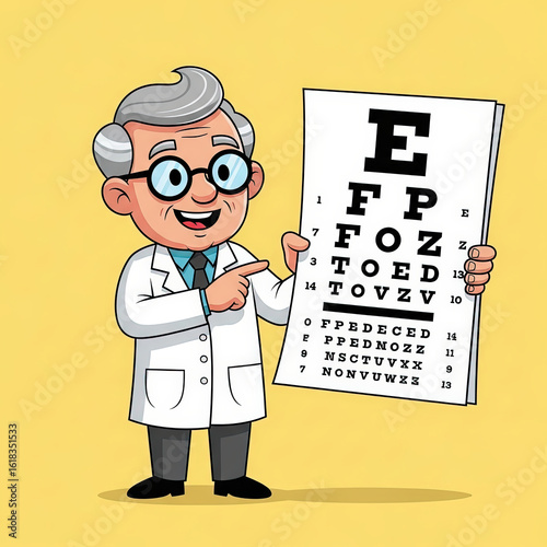 A friendly cartoon optometrist in a white lab coat holding and pointing to a Snellen eye chart for a vision test.