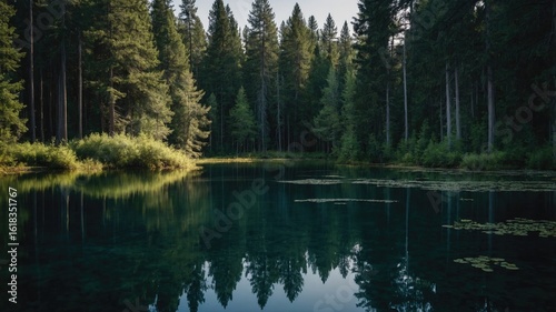 A still pond surrounded by tall trees, evoking introspection