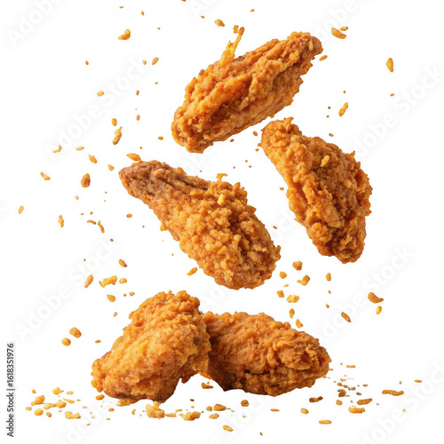 Crispy golden fried chicken wings with scattered seasoning isolated on transparent background