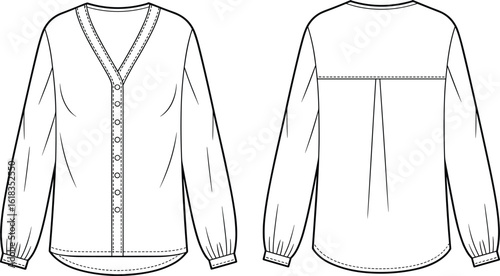 Women's V-Neck Button-Front Blouse Vector Illustration: Long Sleeves with Cuffs and Back Yoke Detail, Ideal for Fashion Design, Technical Apparel Flats, and Everyday Wear.