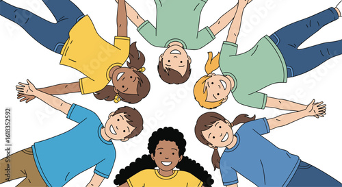 Diverse group of children forming a circle holding hands lying down together having fun outdoors under the sun on a bright summer day experiencing childhood joy and unity