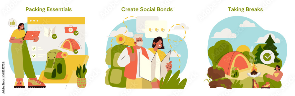 Fototapeta premium Camping Essentials and Socializing Vector Illustration