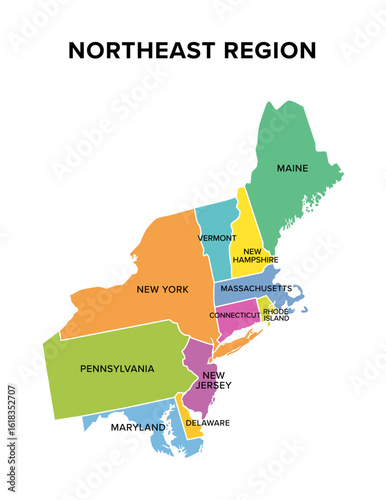 Northeast region of the United States, multi colored map. Also known as the Northeast, the East Coast, or the American Northeast. Geographic region of the USA, consisting of 11 contiguous states.