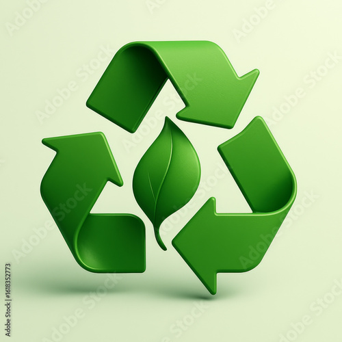 Illustration of a green recycling symbol with a leaf in the center on light background