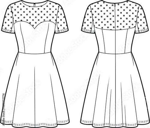 Retro Polka Dot Mesh Yoke Dress Vector Illustration: Sweetheart Neckline with Short Sleeves and Full Skirt, Ideal for Vintage Fashion Design and Technical Apparel Flats.