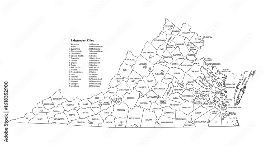 Fototapeta premium State of Virginia, subdivided into 95 counties and 38 independent cities, outline map. Officially Commonwealth of Virginia, a state in the Southeastern and Mid-Atlantic regions of the United States.