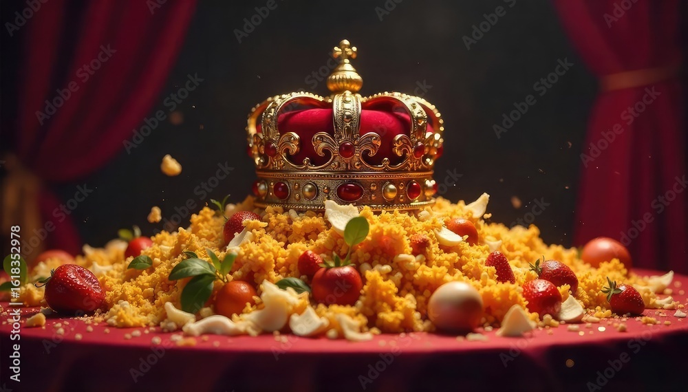 Obraz premium A majestic crown sits atop a lavish, overflowing banquet table, yet remains untouched; a visual metaphor for the insatiable hunger of power, wealth, or ambition , reign, imposing, gold