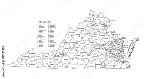 State of Virginia, subdivided into 95 counties and 38 independent cities, outline map. Officially Commonwealth of Virginia, a state in the Southeastern and Mid-Atlantic regions of the United States.
