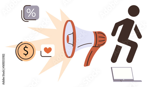 Loudspeaker amplifying key concepts thumbs up finance, discounts, love, and action. Person walking away symbolizes response or action. Ideal for marketing, advertising, finance, e-commerce