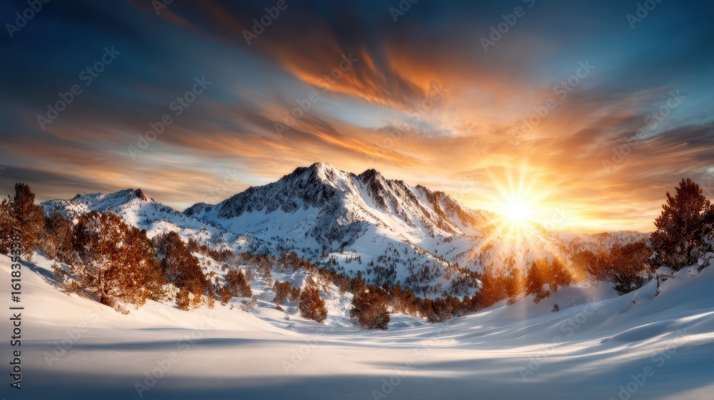 Obraz premium A breathtaking view of snow-covered mountains bathed in the warm glow of a vibrant sunset, showcasing the beauty and tranquility of nature's majestic landscapes.