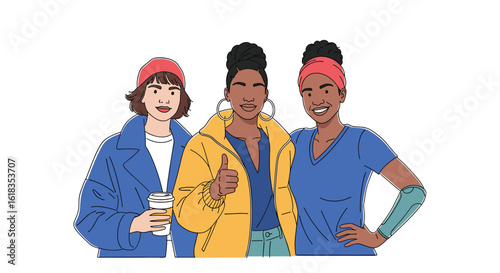 Three diverse women standing together confidently showing unity and friendship with smiles and positive attitudes representing strength and togetherness in their community