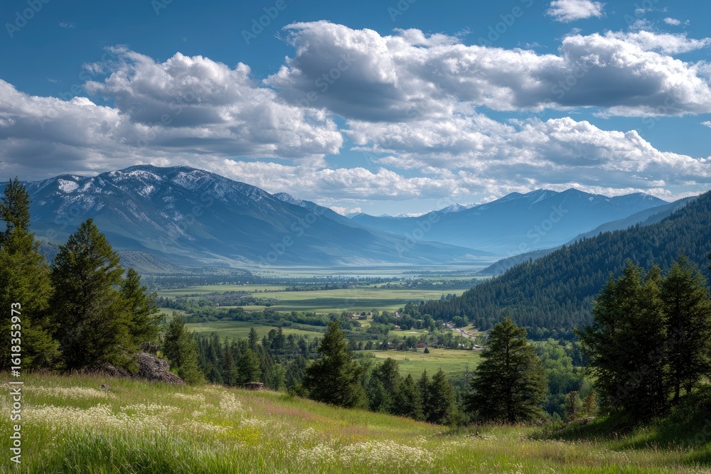 Fototapeta premium Valley view mountains forest surround green valley under cloudy sky