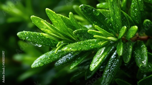 Close-up of lush green leaves adorned with glistening droplets of water, symbolizing freshness and rejuvenation in nature, showcasing intricate details and vibrant colors.