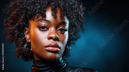 A captivating close-up portrait of a young woman with stunning curly hair and expressive features, highlighting elegance and confidence against a soft blue backdrop.