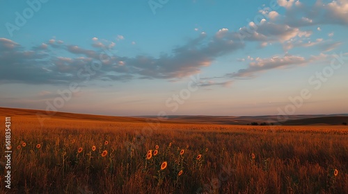 Sunflowers Bloom in Golden Sunset Field Landscape