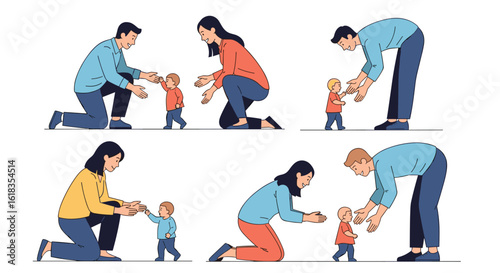 Illustrations of parents supporting their children as they learn to walk and grow development milestones and family bonding moments