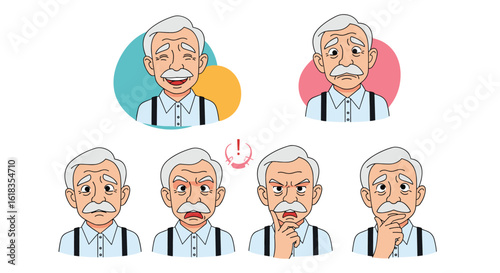 Collection of elderly gentleman facial expressions showcasing various emotions and feelings over time