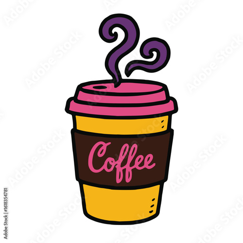 Hand-drawn coffee cup with steam, hot beverage, take-out cup, casual style