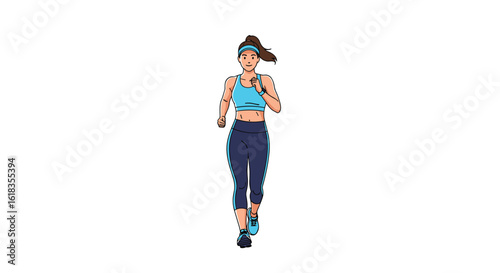 A woman runs with energy and determination on a white background showing her fitness journey