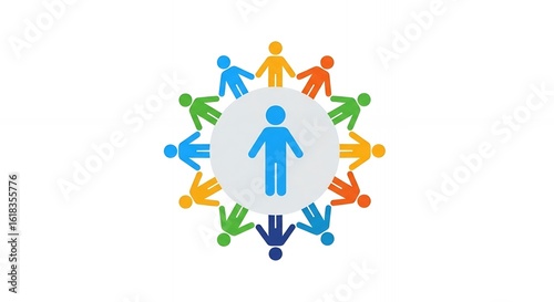 Colorful People Circle with Central Figure: Teamwork, Unity, and Diversity Concept
