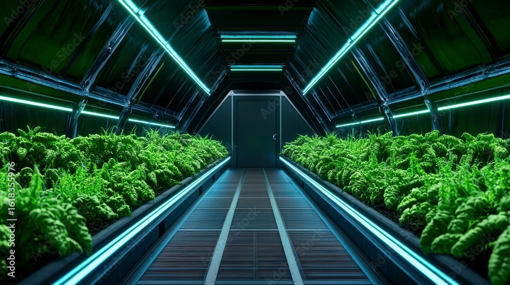 Futuristic indoor garden with vibrant green plants illuminated by neon lights, leading to a mysterious door Futuristic indoor garden with vibrant green plants illuminated by neon lights, leading to a mysterious door