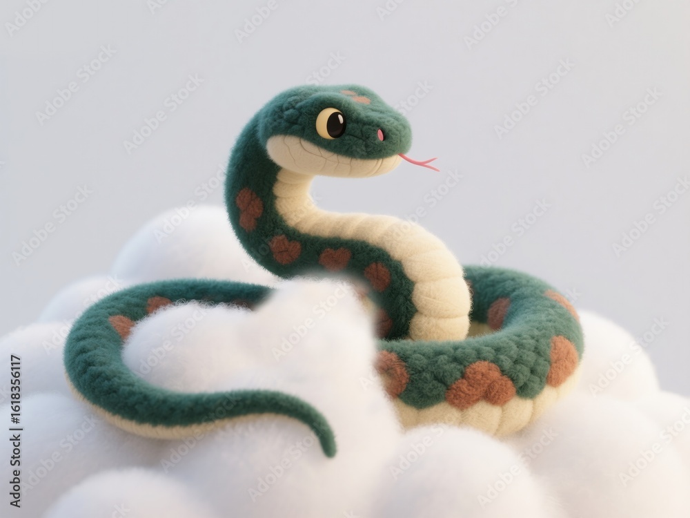 Fototapeta premium Whimsical Felt Textured 3D Illustration of a Serpent Lounging on Clouds: Soothing Backdrop for Greeting Cards, Book Covers, and Motivational Designs Celebrating Serenity and Tranquility.