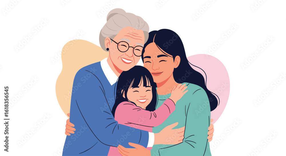 Obraz premium A heartwarming illustration depicting three generations of women sharing a tender embrace celebrating family love and connection through the ages